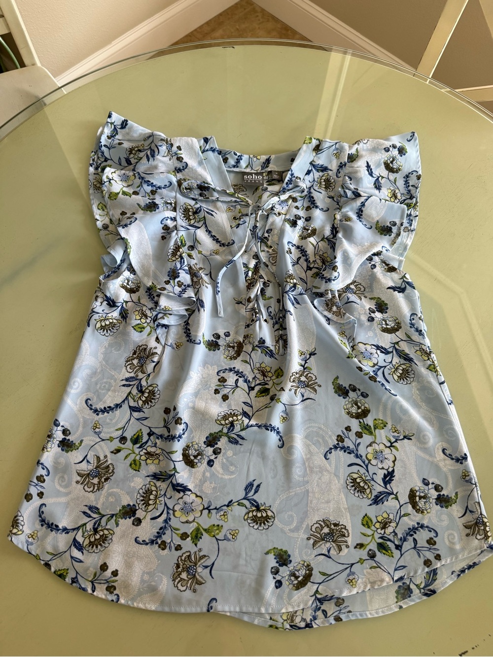 New York & Company Light Blue Floral Ruffle Sleeve Tie-Neck Blouse